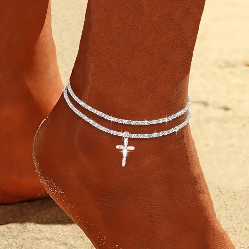 Summer Waterproof Anklet, Daily Decor For Beach, Layered Anklet, Sparkling Double Anklet, Chic & Shiny Ankle Jewelry For Women,Trendy All-match & Exquisite Jewelr Gift For Outdoorfun, Fashion Accessoryy