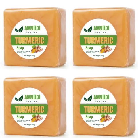 AMVital Turmeric Bar Soap 4-Pack - Gluten, Aluminum & Cruelty-Free, Non-Toxic, Eco-Friendly Handmade Moisturizing Brightening Face & Body Cleanser for All Skin Types, Adults' Care