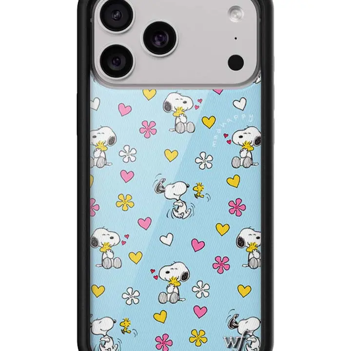 Wildflower Cases x Snoopy Custom Limited Edition iPhone Case - Baby Blue Background with Yellow,Pink Hearts,Flowers,Snoopy & Woodstock,Raised Black Rubber Bumper,Durable Protection,Screen Protector Compatible,Women's Owned Small Business,Gift for Her