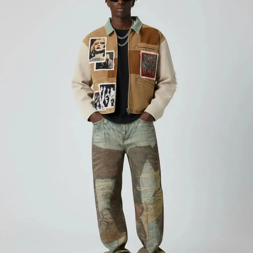 Thesupermade Punk Retro Collage Print Distressed Heavy Jacket Streetwear Casual