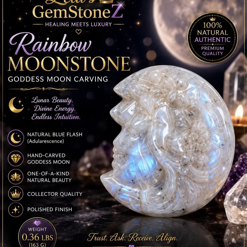Lela’s GemStoneZ Rainbow Moonstone Goddess Moon Carving Hand-Carved Natural Blue Flash Adularescence Collector Quality 0.36 lbs Crystal Home