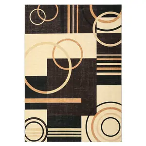 8x10 ft Rectangular Polyester Area Rug, Cashmere Brown Geometric Print, Foldable Modern Washable for Hallway, Bathroom Use