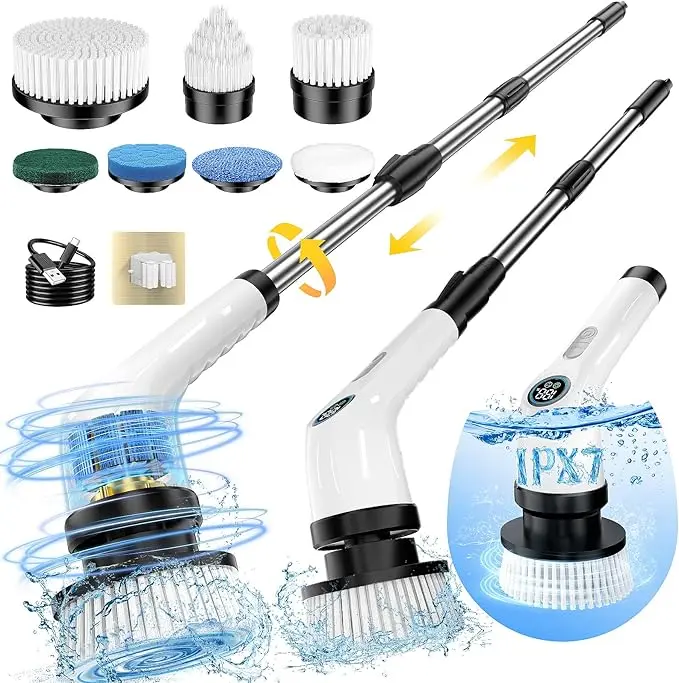 Electric Spin Scrubber – Cordless Power Scrubber with 7 Brush Heads, Extendable Handle (11–51"), IPX5 Waterproof & 90-Min Runtime
