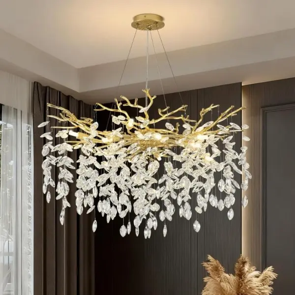 Luxury Gold Crystal Chandelier 18-Inch Modern Branch Pendant Ceiling Light with K9 Raindrop Crystals for Dining Room Living Room Adjustable Height Dimmable G9 Bulbs