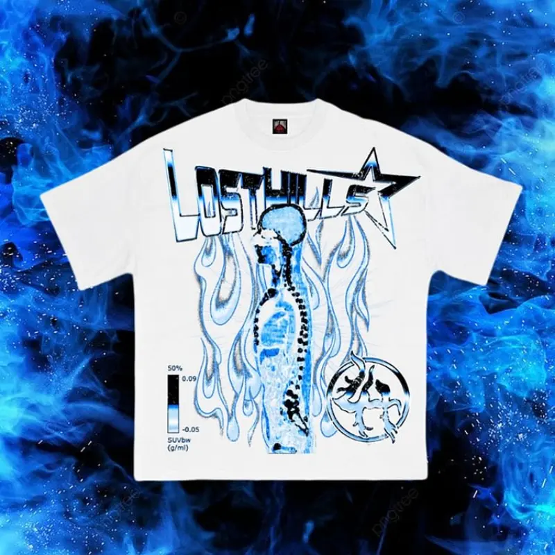 Lost In The Hills X Youngboy Abstract Human Flame Graphics Cotton T-Shirt Men Y2K Vintage Oversize Tshirt Streetwear Women Tops