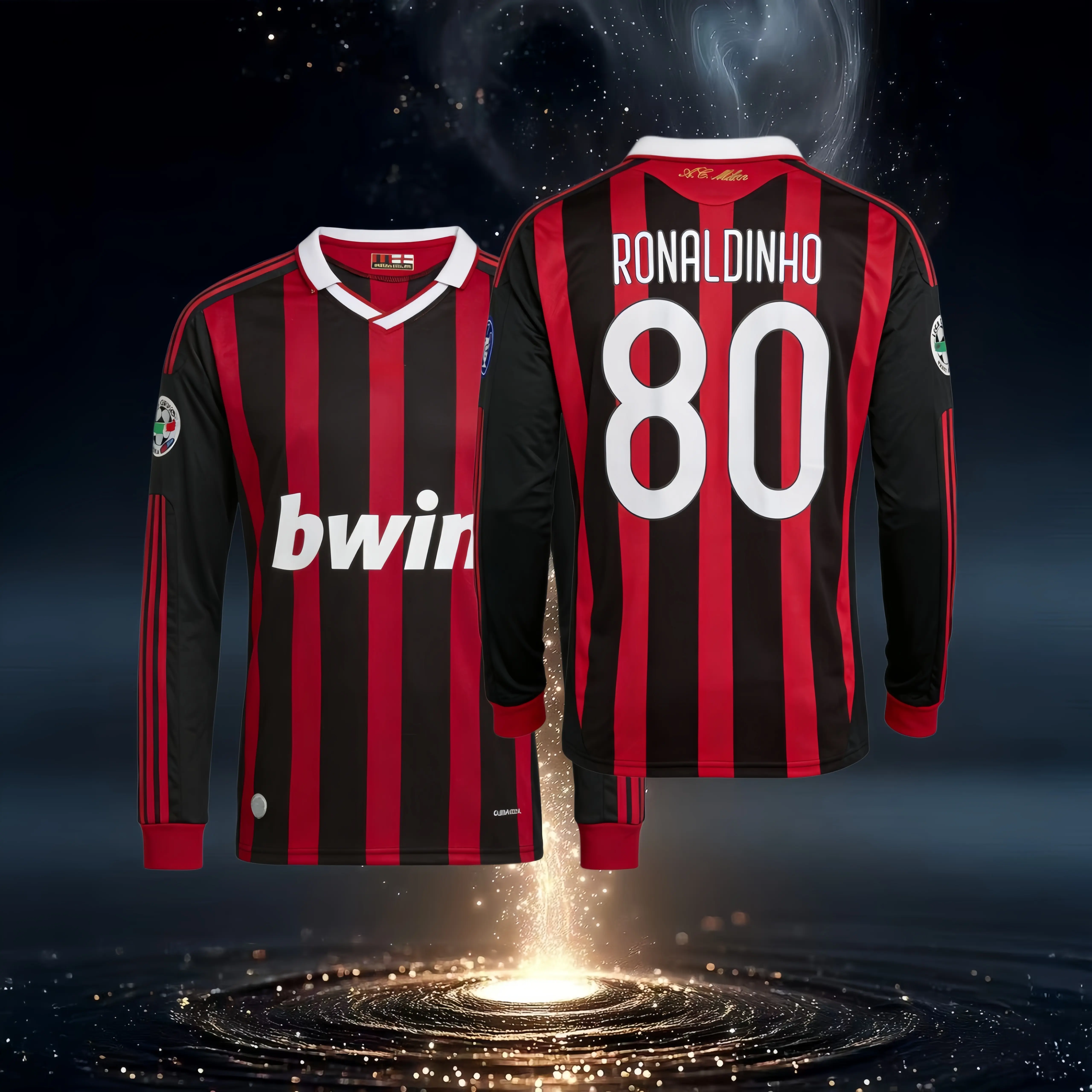 09 10/Home Kit/80# Ronaldinho/Retro/Long Sleeve/Soccer Jersey/Fans Version