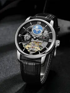 1pc Fashion Tourbillon Skeleton Automatic Mechanical Watch for Men Moon Phase Leather Strap Business Casual Mens Watches Top Brand Luxury Wristwatches Analog Mechanical Watches High End Watch