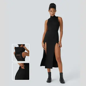 Halara Women's Ribbed, Hooded, High Neck, Sleeveless, Cut Out, Tie Back, Split 2-Piece Midi Casual Dress