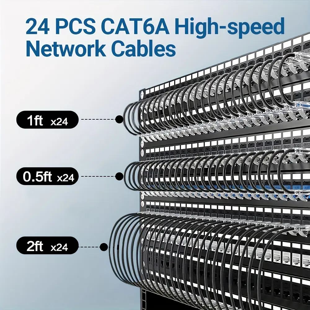 ZOERAX 24-Piece Multi-Size Short Length Cat6A Unshielded Pure Copper Ethernet Patch Cables (0.5ft/1ft/2ft) - 10 Gbps High-Speed, 550 MHz, All RJ45 Ports, for Switches, Data Centers