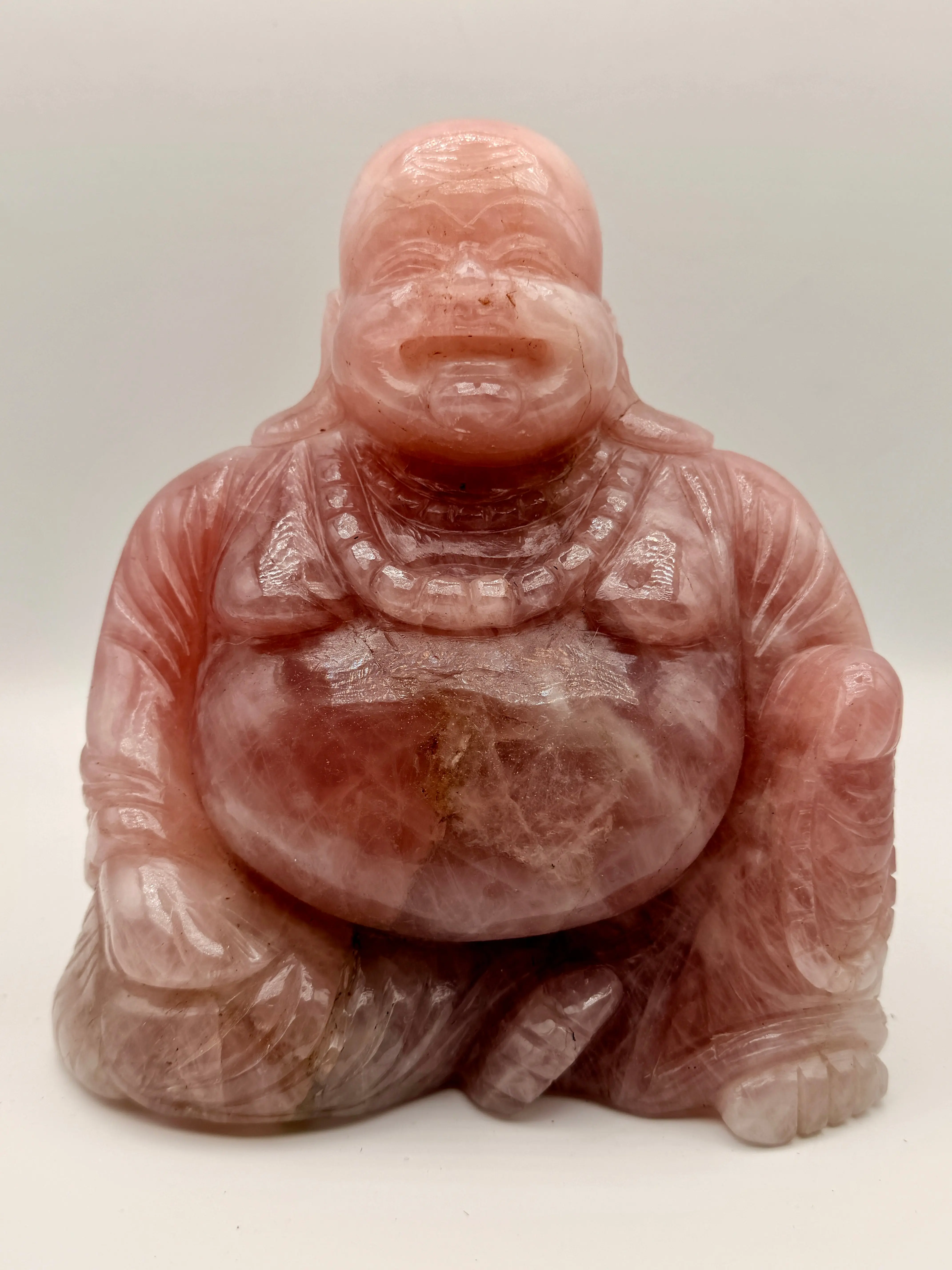 Smooth Rose Quartz Mineral Crystal Carving - Brightening Laughing Buddha Decorative Collectible, Religious Home Decor Sculpture for Room Altar