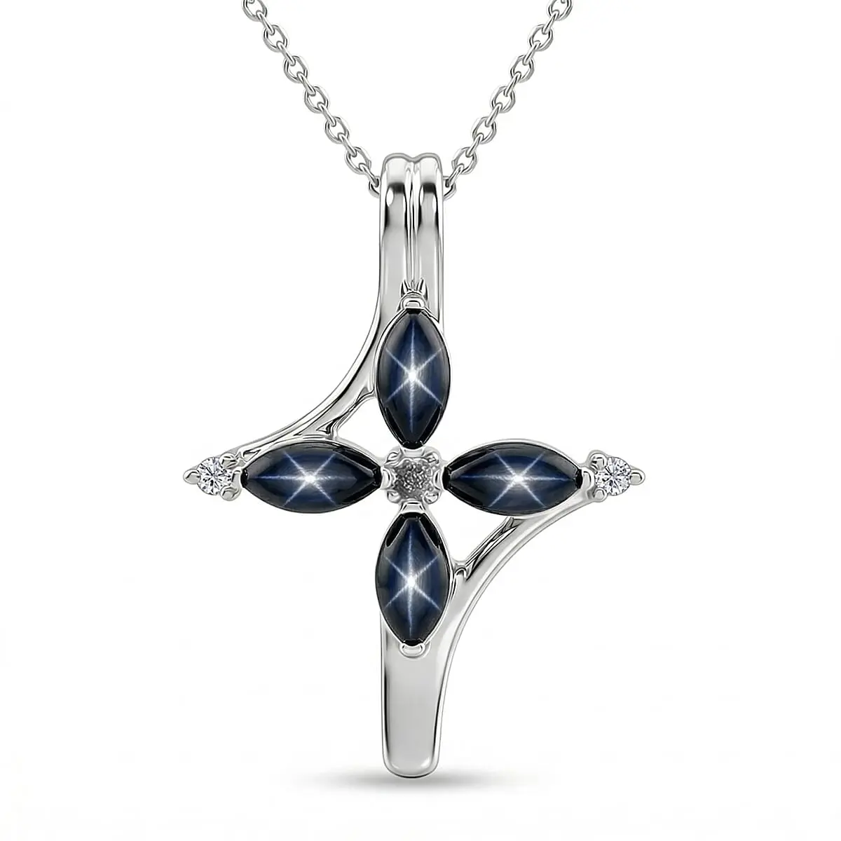 D'Joy Premium Blue Star Sapphire (DF) and Moissanite 1.65 ctw Fleur Cross Pendant Necklace in Rhodium Over Sterling Silver 18 Inches
