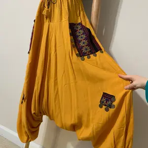 Mustard Yellow with Pink Floral Hobo Tatreez Sherwal / Low Harem Baggy Pants