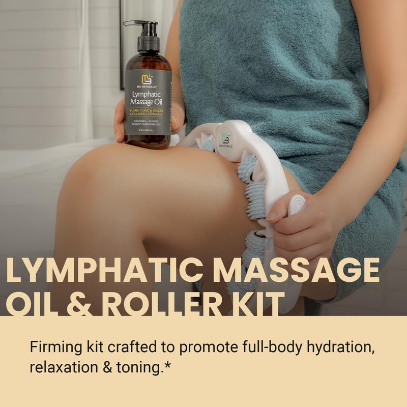 Lymphatic Drainage Massage Oil + Body Roller Kit, with Ylang Ylang, Ginger, Collagen & Stem Cells for Circulation, Detox, Cellulite Removal, Sore Muscle Relief & Skin Firming, 8oz by M3 Naturals