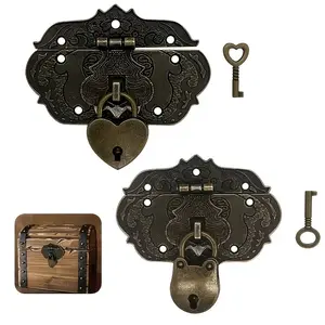 Vintage Zinc Alloy Bronze Lock with Key, Chinese Style Design for Jewelry Box, Suitcase, and Drawer, Bear and Heart Combination, Includes Screws