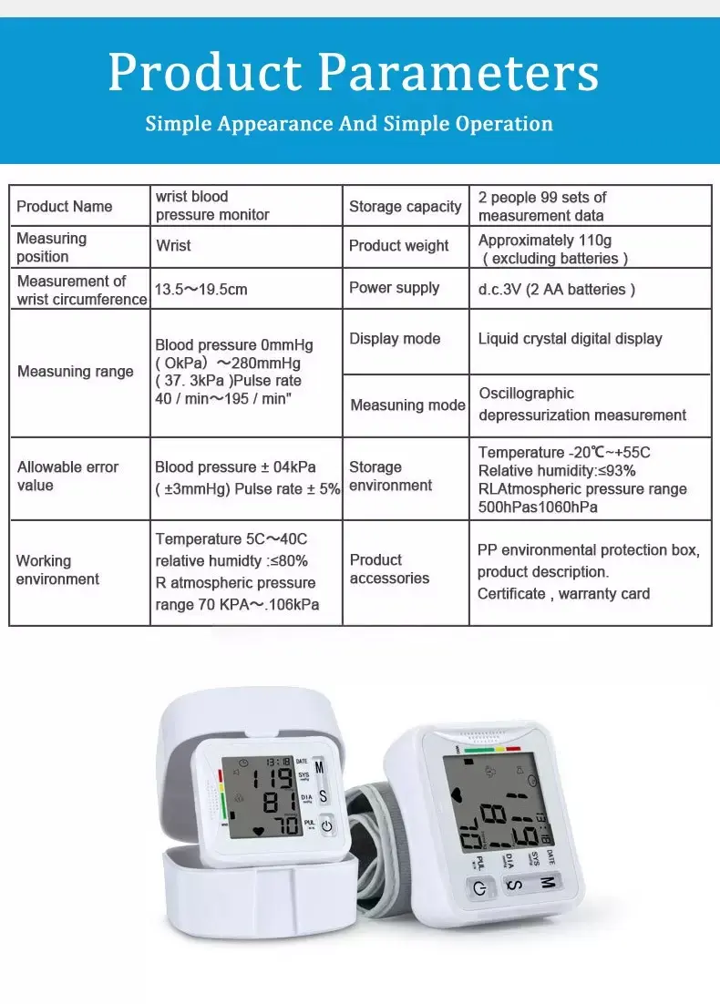 Product Introduction of Wrist Blood Pressure Monitor, Digital BP Machine with LCD Display, Adjustable Cuff, Pulse Rate & Irregular Heartbeat Detection, Large Screen, One-Touch Operation, Battery-Powered, Portable Cuff for Home Health, Hypertension & Heart Care. Healthcare Kit 8