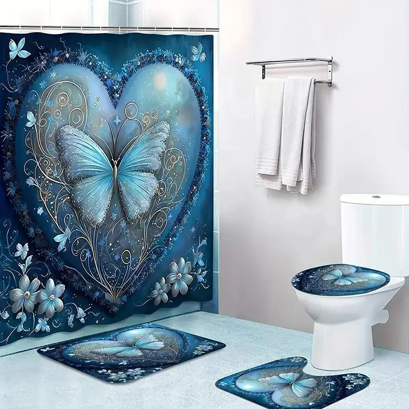 Butterfly Print Bathroom Accessories, 1 Count Shower Curtain/3 Counts Soft Bathroom Mat, Non-slip Toilet Lid Cover Mat, Commode Contour Rug, Bathroom