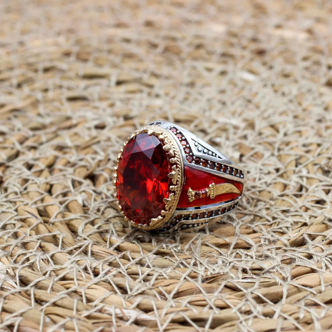 Men's Vintage Statement Metal Ring, 2-Tone Copper Medieval Jewelry with Sword Relief and Oval Red Zirconia, Metal Rings, Men's Jewelry, Jewelry Rings