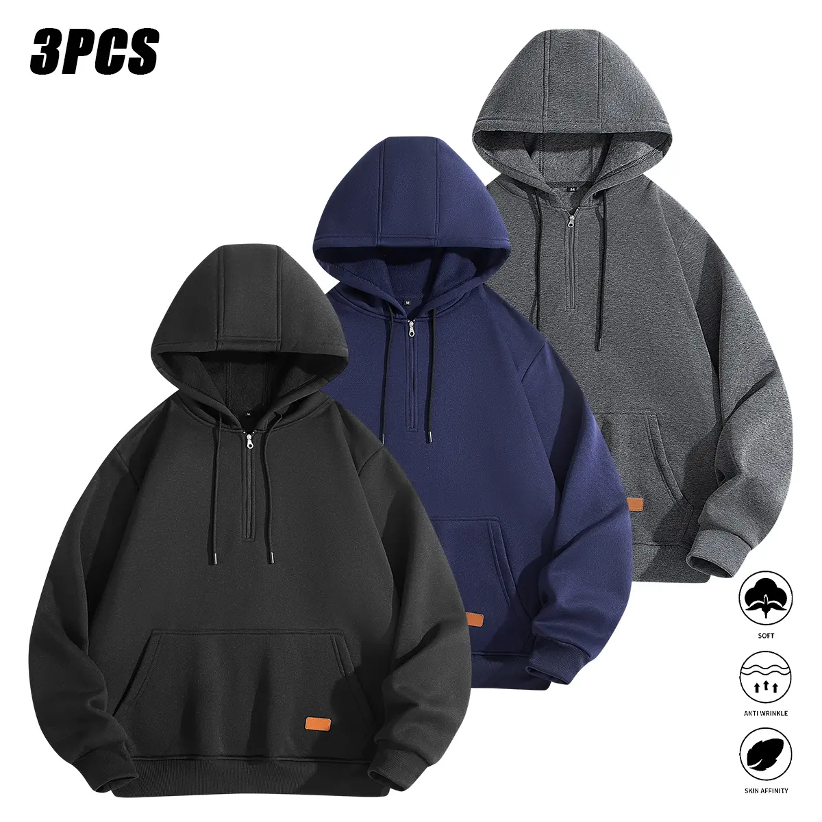 JOGWAVE 3PCS Men’s Hooded Pullover Sweatshirt, stylish solid-color design, made from polyester fiber, machine washable, autumn menswear, back-to-school shopping, campus style, regular fit, matching couple styles, wardrobe winter, lil baby popping out of n