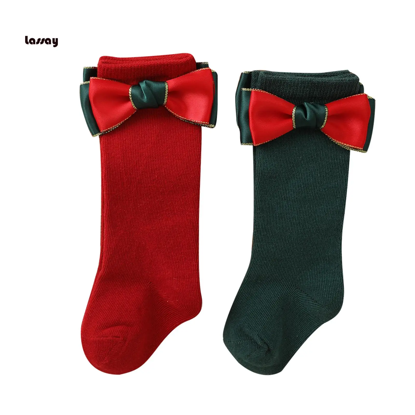 2 Pairs Kids Christmas Socks, Mid-Calf Length Socks with Bowknot Decoration for Toddlers, Girls, Boys, 0-4 Years