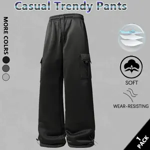 Men's solid color loose straight leg trousers, casual loose pockets with drawstring design, lightweight and soft, suitable for everyday wear, autumn and winter, commuting, sports and fitness, street style and other occasions.