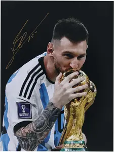 Lionel Messi Argentina National Team Autographed 12" x 16" 2022 FIFA World Cup Final Trophy Photograph - Signed in Gold - Fanatics Authentic Certified