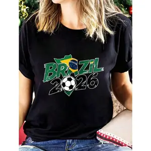 Unisex Brazil 2026 World Cup Graphic T-Shirt, Women's's Soccer Fan Tee With Brazil Flag & Map Print, Game Day Casual Crew Neck