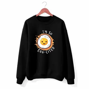 Unisex Black Sweatshirt Featuring Fun Egg Print "I'm So Egg-cited" – Casual Long Sleeve Crew Neck for 2026 Model