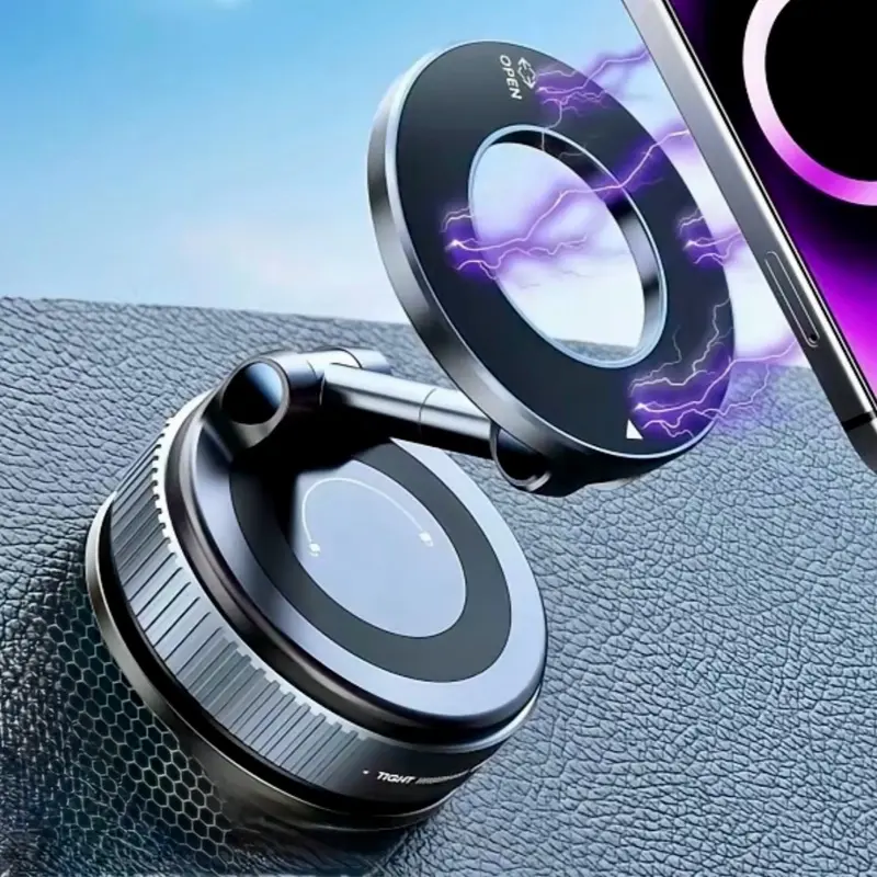 Universal Magnetic Car Phone Holder Strong Vacuum Suction Cup Mount for All Smartphones & Vehicles Foldable Design Works on Dashboard Gym & Bathroom Mirrors