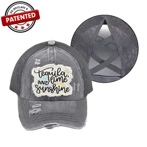 C.C Distressed Embroidered Tequila, Lime, and Sunshine Patch Pony Cap for Women