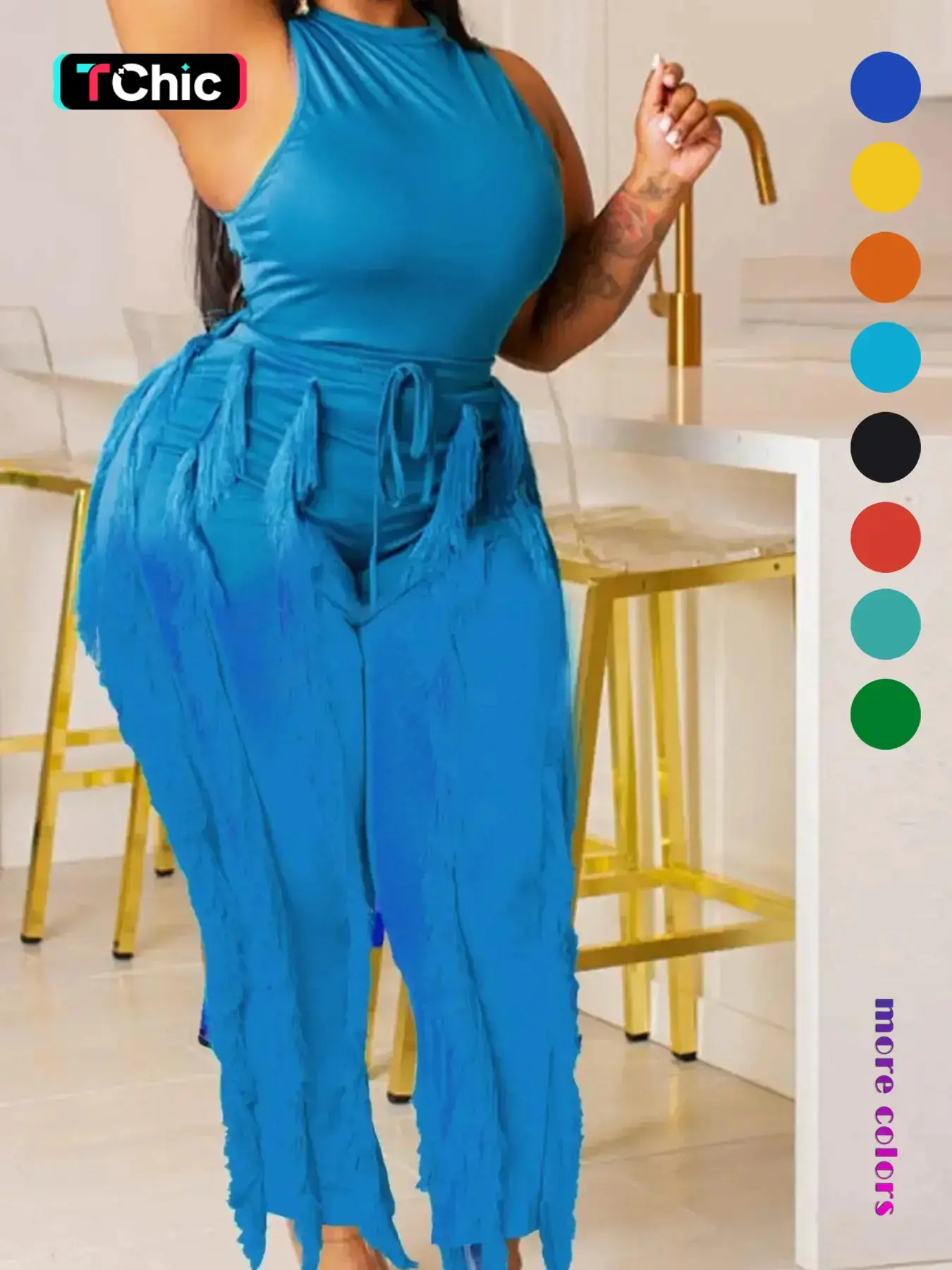 Solid Round Neck Sleeveless Tank Top & Tie Front Fringe Trim Pants for Women, Basic Minimalist Comfy Fitted Pants Two-piece Set for Fall, Going Out Outfits, Ladies Chic Evening Event Clothing, Casual Matching Set, Casual Fashion Set, Cozy Lounge Set