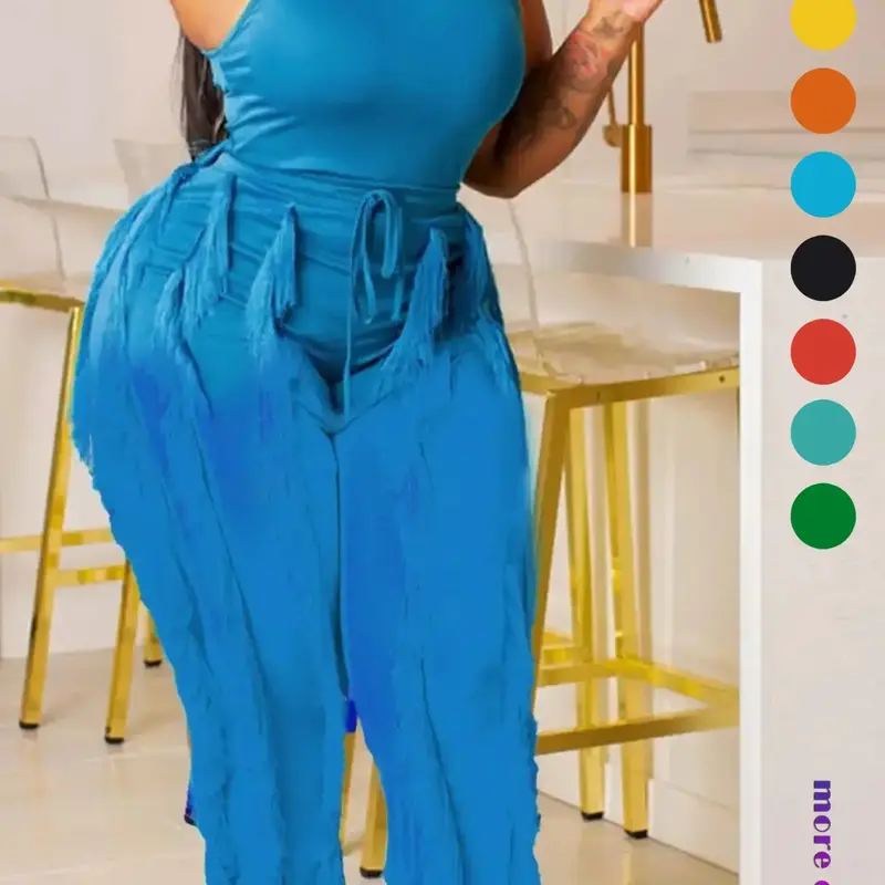 Solid Round Neck Sleeveless Tank Top & Tie Front Fringe Trim Pants for Women, Basic Minimalist Comfy Fitted Pants Two-piece Set for Fall, Going Out Outfits, Ladies Chic Evening Event Clothing, Casual Matching Set, Casual Fashion Set, Cozy Lounge Set