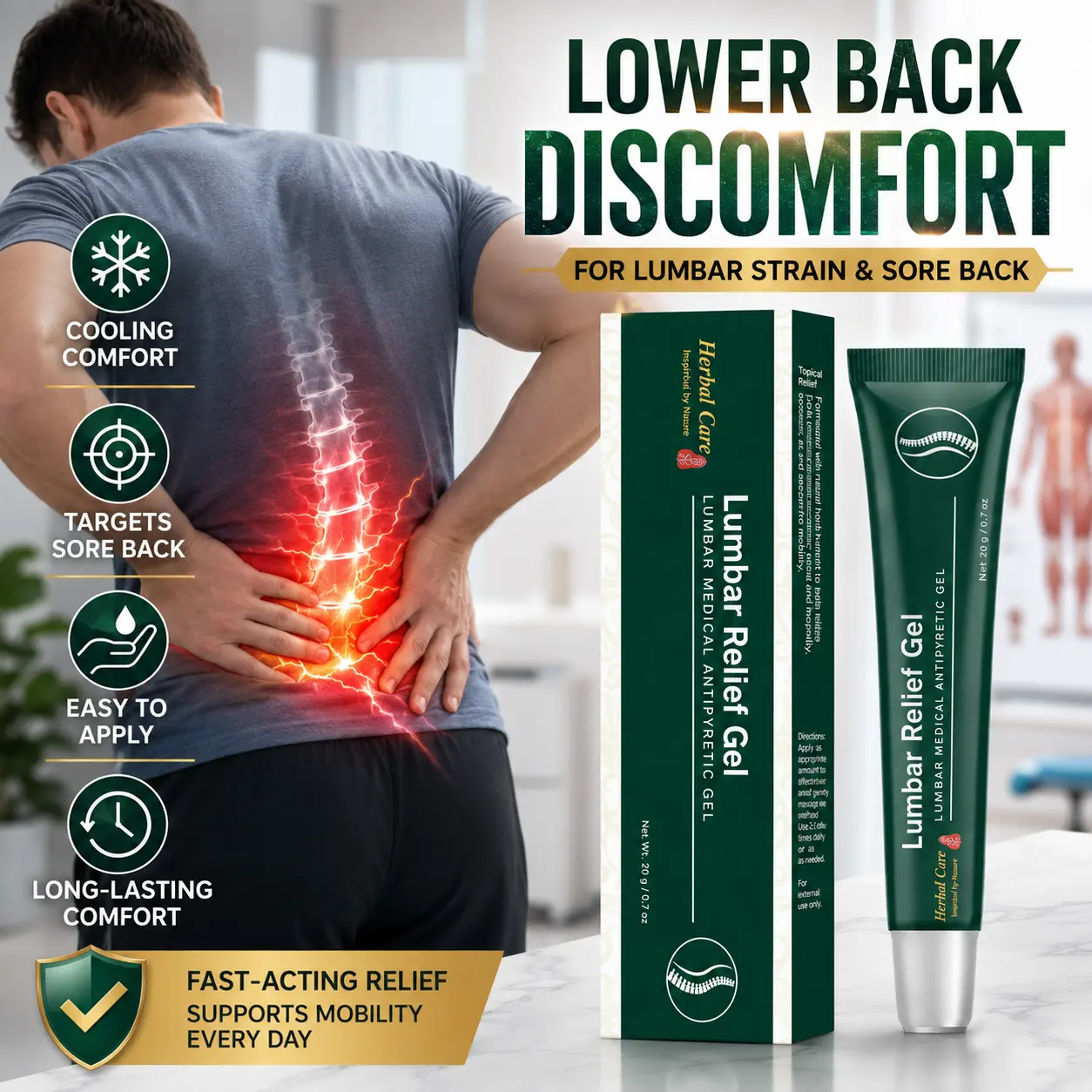 Herbal lumbar soothing gel that helps relieve muscle strain causing lower back pain; alleviates stiffness and discomfort after prolonged sitting or bending; penetrates to soothe the muscles of the spine and back fascia; a topical waist care product for la