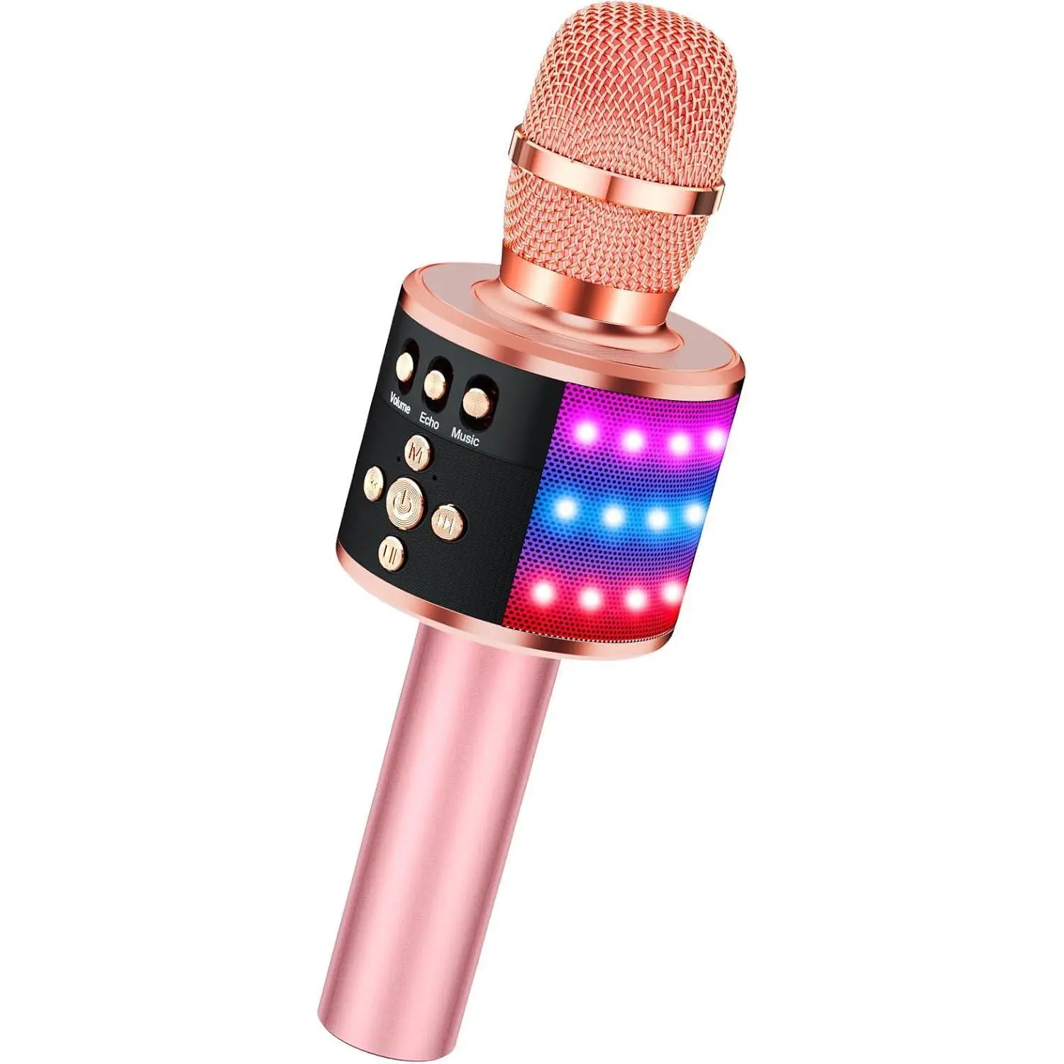 P-KCK09 Handheld Wireless Stereo Karaoke Microphone for Kids & Toddlers - Bluetooth Singing Mic with Disco Lights, Echo Effect, Built-in Speaker, MP3 Player, TF Card, Audio Card, Portable Gift Box for Party Travel (Rose Gold) Q78
