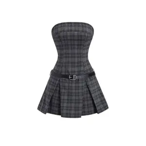 Women's Pleated Hem Bandeau Dress, Summer Dresses For Women, Off-Shoulder Bandeau, Plaid Casual Dress, Sexy and Slimming, With Belt, A-line, College Style