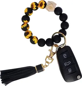 Key Ring Bracelet Car Keychain Holder Wristlet Silicone Women Beaded Bangle Chains