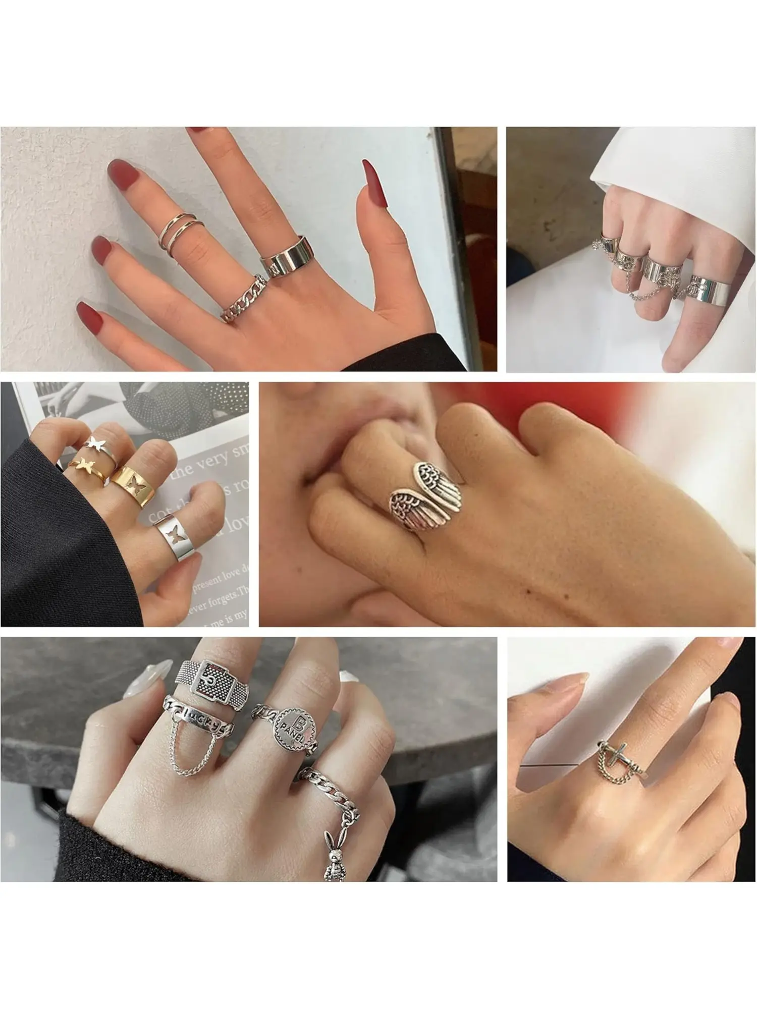 16PCS Chain Finger Rings Set for Women Men Vintage Goth Open Rings with Chains Punk Knuckle Rings Adjustable