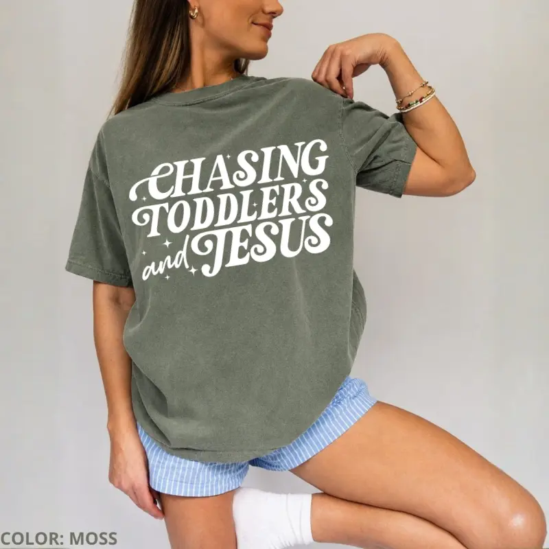 Comfort Colors Chasing Jesus and Toddlers T Shirt, Christian Mom Graphic Tee, Kingdom Motherhood Shirt, Faith Based Aesthetic Top, Religious Gift for Moms