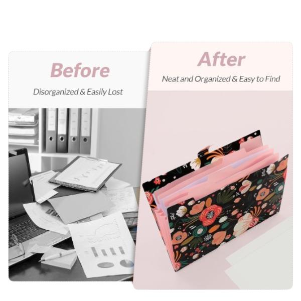 Expanding File Folder with 5 Pockets, Floral Accordion File Organizer for Important Document，Portable Receipt Paper Organizer，School Office Supplies Black