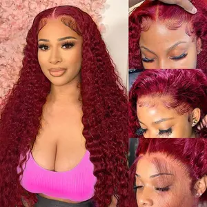 30inch Nerkre TiktokShop 99J Burgundy 13x6 Deep Wave Lace Front Wigs Human Hair Pre Plucked Glueless Colored 99j Deep Wave Lace Front Wigs 180% Density Lace Front Wigs for Women with Baby Hair