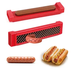 Hot Dog Slicer Criss Cross Red Stainless Steel Blade One-Touch Release BBQ Grilling Picnics Outdoor Cooking Kitchen Backyard Utensils Compact Dishwasher Safe Stylish