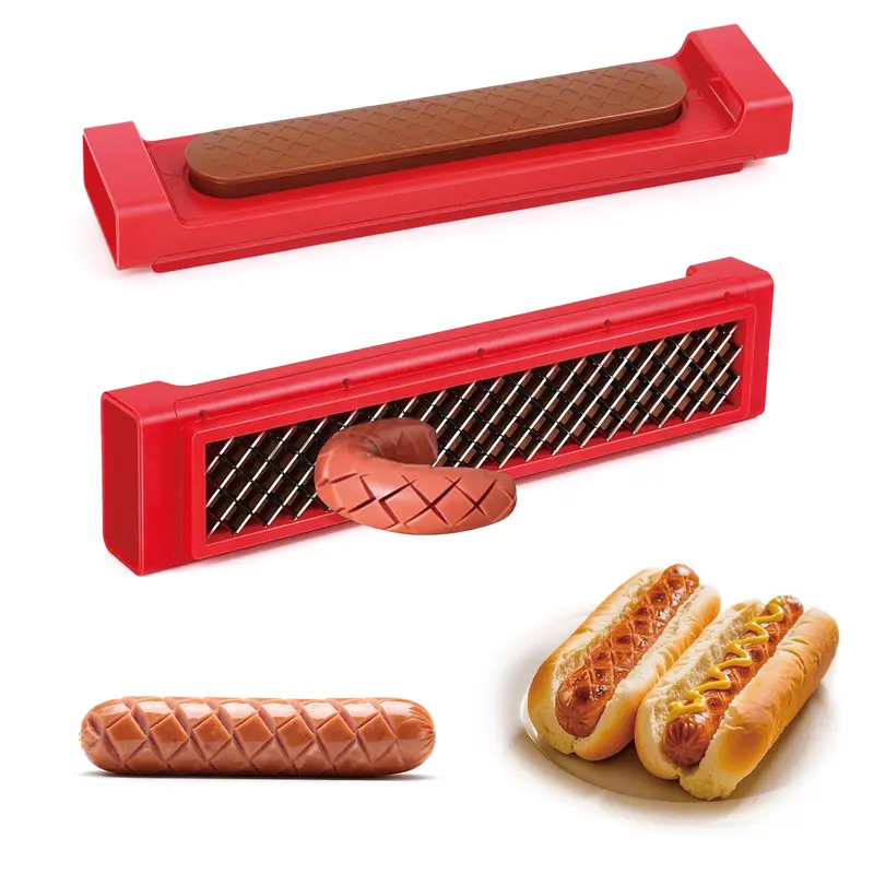 Stock Up Deals Red Stainless Steel Blade Hot Dog Slicer - 1-Touch Release, 11.4"l x 2.5"w x 1.58"h, ABS, Durable, Compact, Dishwasher Safe, Stylish Kitchen Utensil for Backyard BBQs, Criss Cross Slicing, Outdoor Cooking & Picnics
