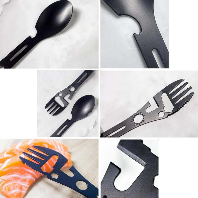 Multifunctional Outdoor Fork Spoon Detachable Tableware,10-in-1 Utility Tactical Spork, Stainless Steel Spoon & Bottle Opener, Fork & Knife, Combo Camping Utensil for Hiking(Black)