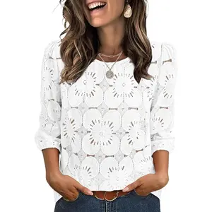 Women's 3/4 Sleeve Light Embroidered Lace Eyelet Blouse, Elegant Dressy Casual Shirts for Spring Summer Women's Clothes