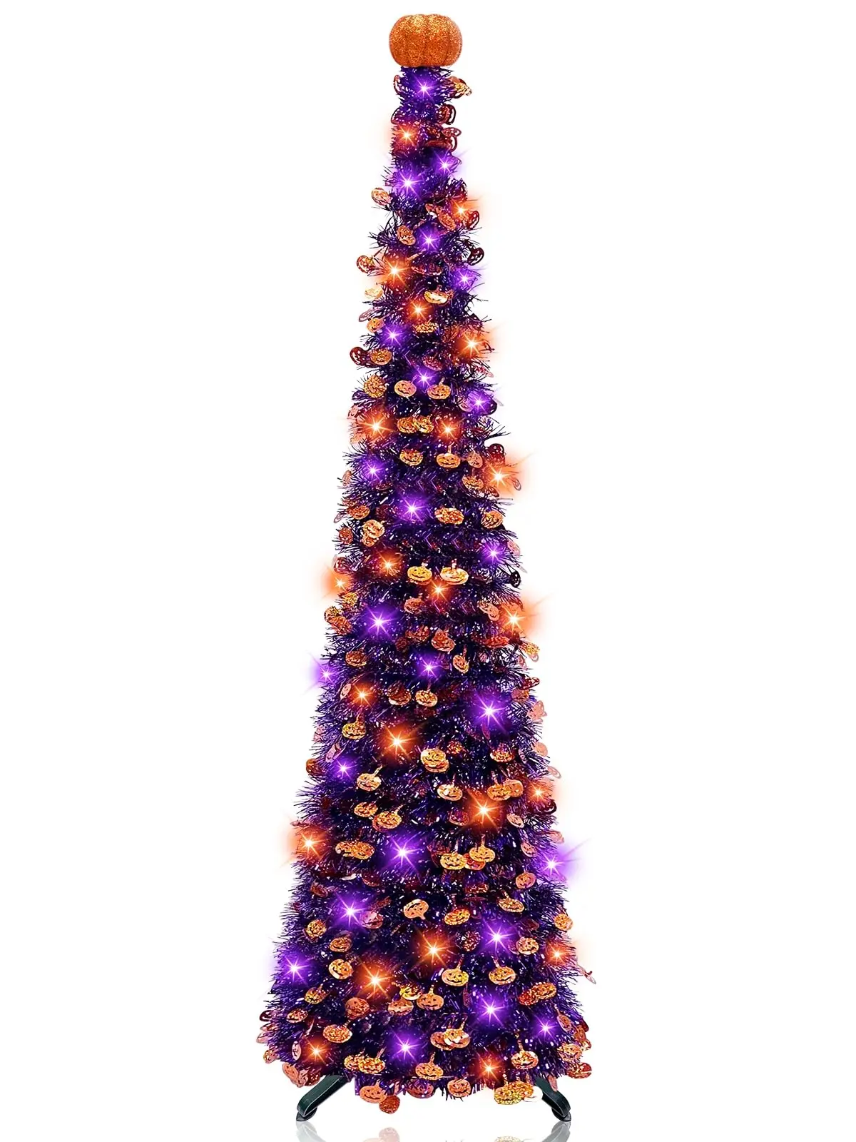 5 Ft Halloween Black Tree Orange & Purple Lights Halloween Decorations | Battery Operated Pumpkin Top Tinsel Artificial Pop Up Pencil Tree with 50 Lights Timer Halloween Decor Indoor Outdoor Home