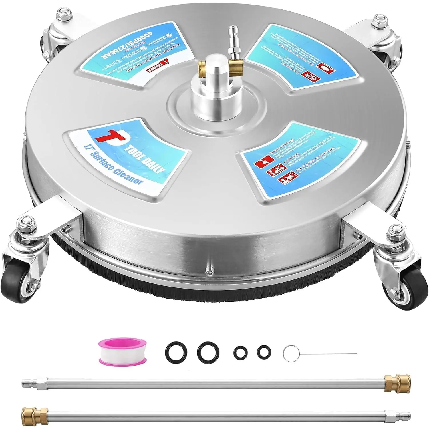 Tool Daily 17" Surface Cleaner for High Pressure Washer, Stainless Steel Pressure Washer Accessory with 4 Wheels, 2 Extension Wands, 4000 PSI, Pressure Washer Accessories