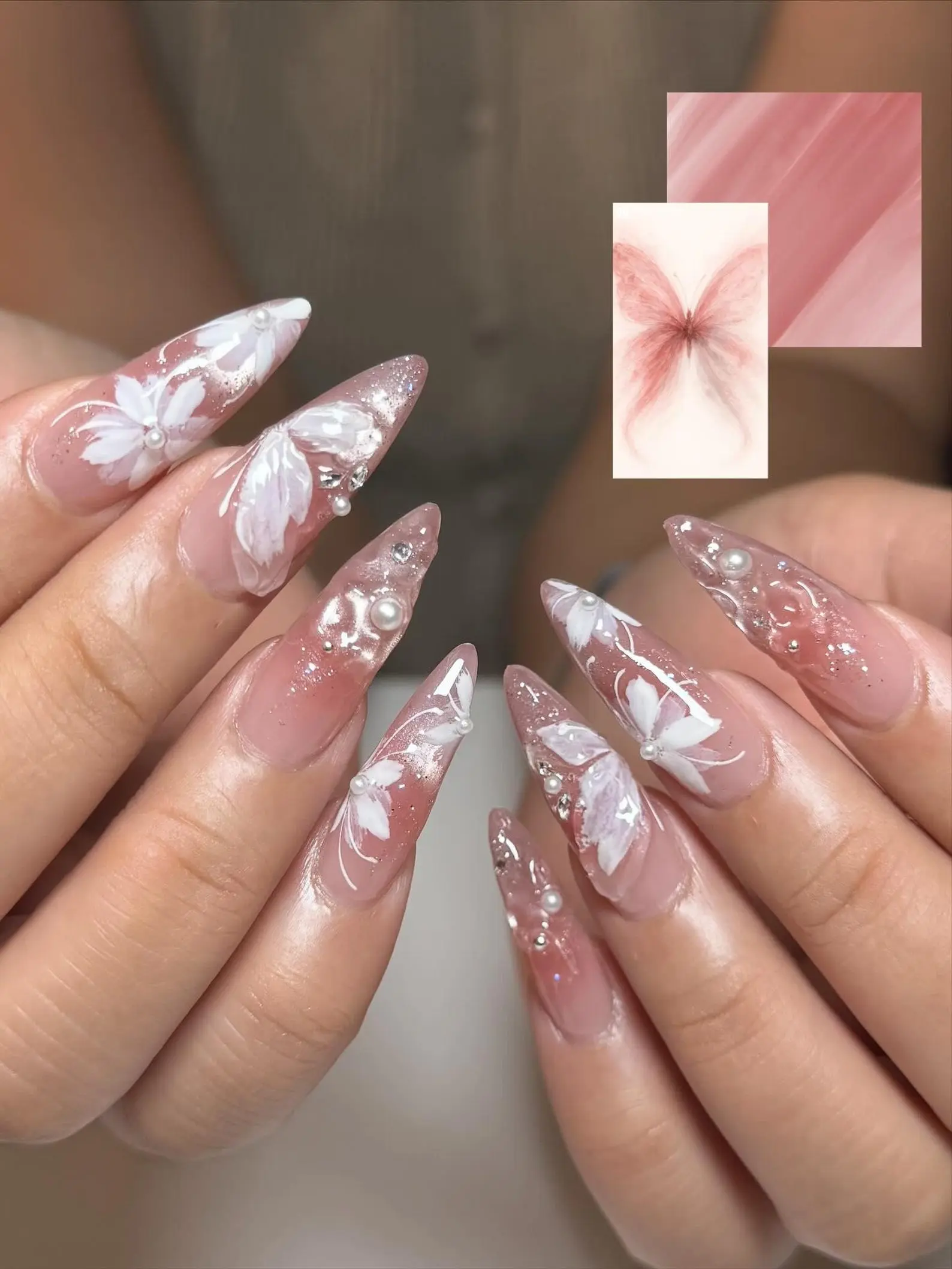 Pink 3D Flower Press On Nails, Pearl Bridal Fake Nails, White Long Stiletto Reusable Glossy Glue On Nails