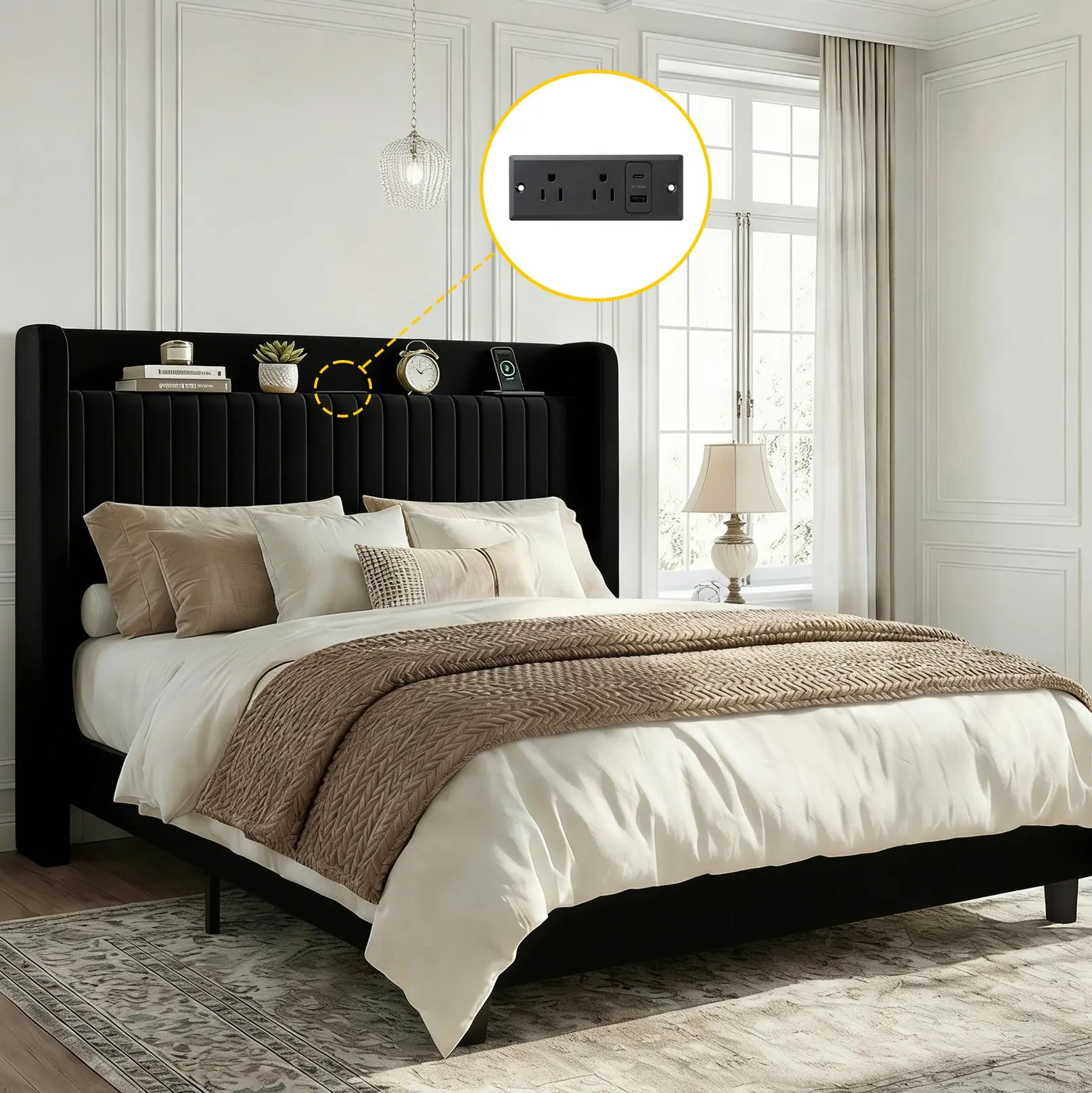HOOMIC Full/Queen/King Platform Bed Frame with USB Ports, Upholstered Velvet Wingback Headboard, Wooden Slats, and Storage Shelf – Easy Assembly, No Box Spring Required, Black/White/Grey/Cream White