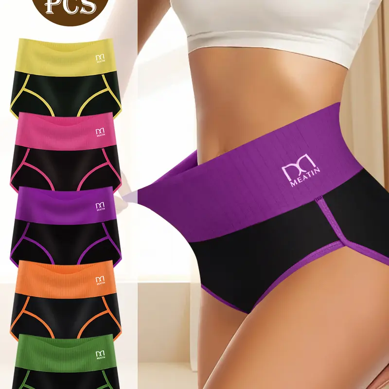 QUASTI Women's 5pcs High-Waist Elastic Underwear for Women - Smooth, Stretchy Cotton Spandex, Tummy Control, Breathable Seamless, Shaping Support for Postpartum, Fits S-XXL (Pink Rose, Sports Clothes)