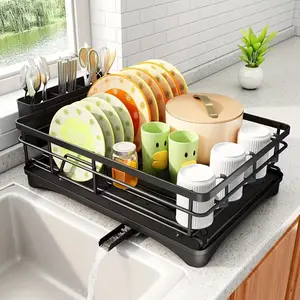 Heavy-Duty Dish Drying Rack with Drainage Basket and Kitchen Utensils Holder | Space-Saving Countertop Storage Kitchen Organizer for Plates, Bowls & Utensils | Easy Assembly, No Tools Required | Black/White