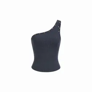 Cider Textured Asymmetrical Neck Metal Detail Crop Tank Top SummerWins